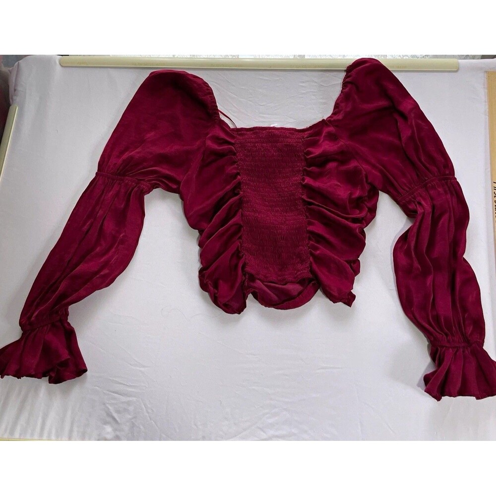 Glam Burgundy Polyester Satin Ruched Smocked Ruffle Cropped Blouse S